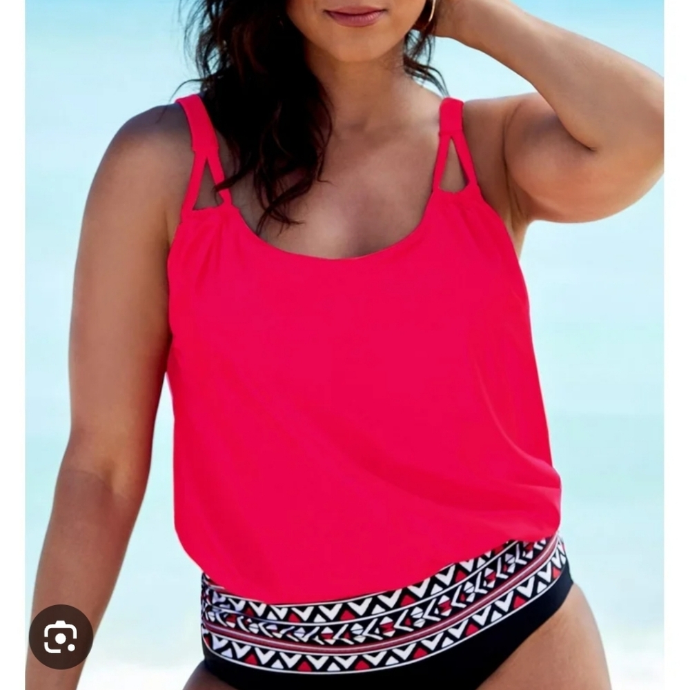 NWT! Swimsuits for All Tankini SZ 20 Blouson Swim Border Watermelon Red